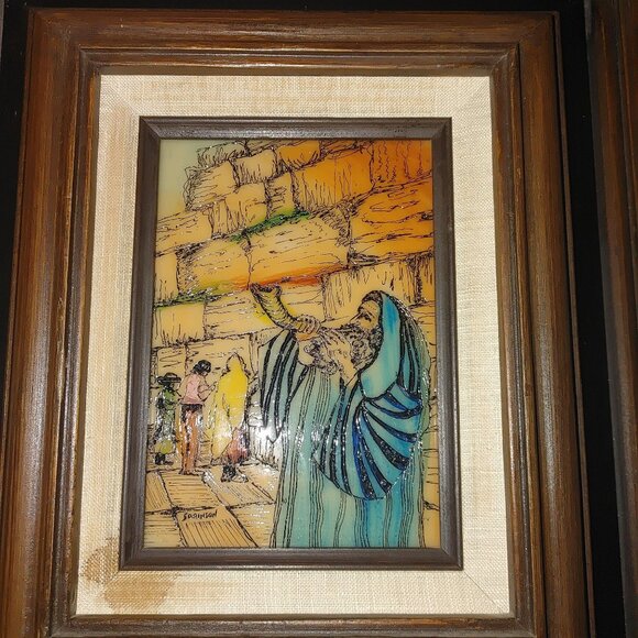 Vintage Mexican Reverse Glass Painting Rabbi Blowing Shofar In Wooden Frame - Picture 10 of 13